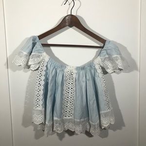 Dotti Blue and White Lace Off the Shoulder Top